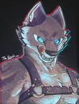 anthro blue_eyes glowing glowing_eyes harness licking licking_lips looking_at_viewer male natural_colors simple_background smile solo teeth tongue tongue_out thehiggles canid canine canis mammal wolf digital_media_(artwork) hi_res portrait