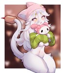 :3 alternative_fashion animal_ears anthro beanie blurred_background blush border bow_(feature) cat_tail clothing daww female fur hair hair_between_eyes hat headgear headwear heart_eyes heart_pupils heart_symbol holding_object holding_plushie j-fashion kemono long_hair looking_at_viewer multicolored_eyes navel nude open_mouth open_smile pink_beanie pink_bow pink_clothing pink_eyes pink_hat pink_headwear plant plushie pupils ringed_eyes sitting sleeves_past_wrists smile solo white_body white_border white_fur white_hair yellow_eyes kitsuneten electronic_arts onegai_my_melody plants_vs._zombies popcap_games sanrio my_melody cattail_(pvz) domestic_cat elemental_creature felid feline felis flora_fauna lagomorph leporid mammal rabbit 2021 absurd_res digital_media_(artwork) digital_painting_(artwork) hi_res