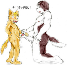 anthro balls big_penis brown_body brown_fur butt comparing comparing_penis countershading duo erection foreskin fur genitals humanoid_genitalia humanoid_hands humanoid_penis kemono male male/male penis penis_size_difference shota simple_background text white_background white_body white_fur young young_anthro unknown_artist canid canine canis domestic_dog mammal 2007 japanese_text low_res translation_request