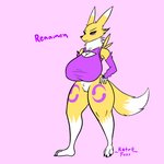 anthro armwear big_breasts black_sclera blue_eyes bottomless breasts cleavage_cutout clothed clothing cutout eyebrows female fingers genitals looking_at_viewer pussy solo retr0foxx bandai_namco digimon canid digimon_(species) mammal renamon 1:1 hi_res