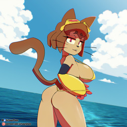 anthro big_breasts bikini breasts brown_hair butt clothing cloud day eyewear eyewear_on_head female goggles goggles_on_head gold_bikini hair looking_at_viewer outside pink_eyes sea short_hair smile solo swimwear tail two-piece_swimsuit water whiskers sirsourplum gameoverse glitch_productions kit_bodega domestic_cat felid feline felis mammal 1:1 2026 absurd_res chromatic_aberration digital_media_(artwork) hi_res