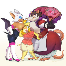 anthro argument breast_squish breasts brown_body brown_fur clothing eyeshadow female flustered fur group makeup nipples secretary squish trio wardrobe_malfunction white_body white_fur yellow_body yellow_fur fruityhooves animal_crossing armello league_of_geeks nintendo sega sonic_the_hedgehog_(series) griotte_(armello) isabelle_(animal_crossing) rouge_the_bat bat canid canine mammal murid murine rat rodent absurd_res hi_res