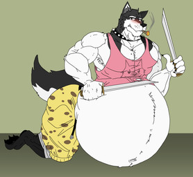5_fingers anthro armpit_hair belly belt big_belly blade blush body_hair clothing dagger dual_wielding fingers fist fur gesture hand_gesture holding_object holding_weapon looking_at_viewer male melee_weapon musclegut muscular muscular_anthro muscular_male obese obese_anthro open_belt overweight overweight_anthro pattern_clothing pink_clothing pink_shirt pink_tank_top pink_topwear shirt simple_background smoking solo spots spotted_clothing tank_top thumbs_up topwear weapon white_belly white_body white_fur jakeshepherd502 undertale undertale_(series) doggo_(undertale) canid canine canis domestic_dog mammal absurd_res hi_res