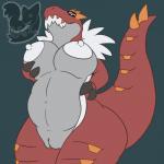 1:1 anthro anthrofied areola belly big_breasts biped black_sclera breasts claws dinosaur erect_nipples female fossil_pokemon front_view fur generation_6_pokemon genitals grey_body grey_skin hand_on_breast hi_res holding_breast looking_at_viewer looking_down navel nintendo nipples non-mammal_breasts non-mammal_nipples nude pokemon pokemon_(species) posexe pussy red_body red_skin reptile scalie simple_background slightly_chubby smile solo spikes standing tail theropod thick_thighs tyrantrum watermark white_body white_eyes white_fur wide_hips