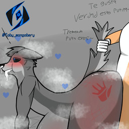 abdominal_bulge anthro bodily_fluids butt_slap cum cum_inflation cum_inside duo genital_fluids inflation male male/male mouth_closed sex slap spanking spanking_mark surprised text toby_mongobery fan_character canid canine canis fox mammal wolf 1:1 absurd_res hi_res superabsurd_res