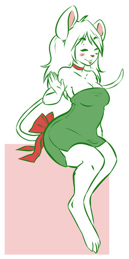 accessory anthro biped blush bow_(feature) bow_accessory bow_ribbon clothing dress eyes_closed female furgonomics gesture hair holidays long_hair ribbons sitting smile solo tail tail_accessory tail_bow tail_ribbon waving hizzie christmas mammal mouse murid murine rodent