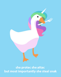 alternate_species beak blue_background cutlery feral fork hair holding_object holding_tool holding_utensil horn humor kitchen_utensils mouth_hold multicolored_hair simple_background solo text tools lolliponybrony friendship_is_magic hasbro my_little_pony untitled_goose_game goose_(untitled_goose_game) princess_celestia_(mlp) anatid anseriform anserine avian bird goose 2019 4:5 english_text low_res meme