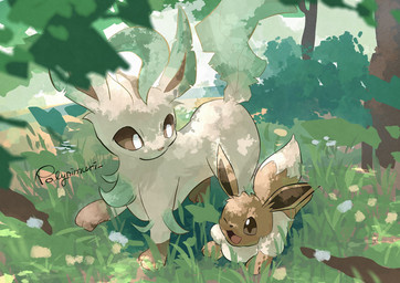 ambiguous_gender brown_body brown_eyes brown_fur duo feral flower fur grass leg_markings markings one_eye_closed open_mouth paws plant pupils shrub socks_(marking) tail tan_body tan_fur tongue tree white_pupils polynimuri nintendo pokemon eevee eeveelution generation_1_pokemon generation_4_pokemon leafeon pokemon_(species) 2026 hi_res signature