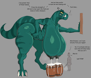 anthro areola bent_over big_breasts big_butt bodily_fluids breast_milking breasts butt claws dialogue duo fangs female hanging_breasts huge_breasts huge_butt lactating larger_anthro larger_female male male/female milk nipples profanity sagging_breasts size_difference slightly_chubby small_waist smaller_human smaller_male tail teeth text thick_thighs wide_hips thuparzipan primal_(series) fang_(primal) dinosaur human mammal prehistoric_species reptile saurischian scalie theropod tyrannosaurid tyrannosauroid tyrannosaurus tyrannosaurus_rex english_text hi_res