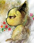 abstract_background ambiguous_gender flower fur plant red_eyes side_view solo yellow_body yellow_fur derekireba domestic_cat felid feline felis mammal 2010 portrait traditional_media_(artwork)