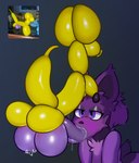 anthro anthro_on_feral balloon balls bestiality bodily_fluids cheek_tuft dripping duo facial_tuft fellatio feral fur genitals hair highlights_(coloring) horn horn_grab hyper inflatable male male/male oral oral_penetration penetration penile penis purple_body purple_eyes purple_fur purple_hair purple_penis saliva saliva_drip saliva_on_penis saliva_string sex simple_background tuft yellow_body aujko lyg_(aujko) animate_inanimate deer living_inflatable mammal new_world_deer pudu absurd_res hi_res shaded