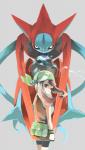 ambiguous_gender bag brown_eyes brown_hair clothed clothing duo energy female gloves grey_background hair handwear kerchief looking_at_viewer looking_back not_furry red_body simple_background kan_meow nintendo pokemon may_(pokemon) pokemon_trainer attack_forme_deoxys deoxys generation_3_pokemon human legendary_pokemon mammal pokemon_(species) 2017 digital_media_(artwork) digital_painting_(artwork)