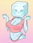 big_breasts biped blue_body blush bone bottomwear breasts cavity_storage cleavage clothed clothing crop_top dagger female geometric_background gradient_background grid_background looking_at_viewer melee_weapon midriff monster_girl_(genre) navel not_furry panties pattern_background red_clothing shirt simple_background skeleton skindentation skull solo stomach_storage three-quarter_view topwear translucent translucent_body underwear weapon wide_hips plum_cupcakes gelatinous_cube goo_creature humanoid hi_res portrait signature three-quarter_portrait