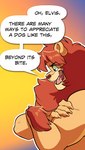 2019 absurd_res anthro blue_eyes collegehumor comic crossed_arms dialogue english_text fangs felid fur furry_force hi_res komoroshi_(artist) leon_(furry_force) lion male mammal mane muscular muscular_anthro muscular_male pantherine red_mane side_view solo speech_bubble teeth text yellow_body yellow_fur