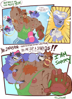anthro anthro_on_anthro areola armpit_fetish armpit_hair barazoku baseball_cap beard biceps big_muscles big_pecs bodily_fluids body_hair bodypaint bottomwear chest_hair claws clothed clothing crying dialogue directional_arrow duo emanata eyebrows facial_hair fur hair hand_behind_head hat headgear headwear holding_object huge_muscles huge_pecs humor imposter ineffective_clothing kemono male male/male manly muscular muscular_anthro muscular_male musk nipple_slip nipples obliques onomatopoeia open_mouth open_smile pec_grab pec_squish pecs raised_arm revealing_shirt revealing_tank_top rubbing_alcohol serratus shirt shorts simple_background skimpy smile snot sound_effects spots squish standing sweat sweaty_armpit tank_top tears teeth text text_on_clothing text_on_shirt text_on_tank_top text_on_topwear thick_arms topwear tuft ritsukaxan ritsukaxan_(character) canid canine canis domestic_dog felid mammal pantherine 2025 comic english_text hi_res multiple_scenes signature