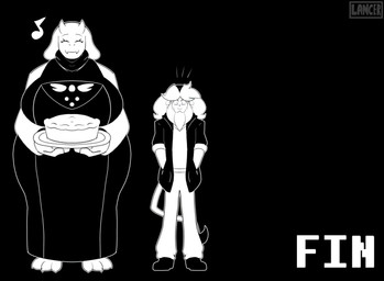 anthro barefoot big_breasts bottomwear breasts clothed clothed_anthro clothed_female clothed_male clothing dress duo feet female food huge_breasts jacket larger_female male pants pastry pie size_difference smaller_male tail topwear mklancer00 undertale_(series) linhe_(mklancer00) toriel boss_monster_(undertale) bovid caprine felid goat lion mammal pantherine 2026 absurd_res black_and_white hi_res monochrome