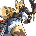 anthro big_breasts blonde_hair bottomwear breasts butt clothing denim denim_bottomwear denim_clothing denim_shorts ears_up female fur green_eyes gun hair looking_at_viewer looking_down mask ranged_weapon shirt shorts solo tank_top thick_thighs topwear weapon white_body white_fur yellow_body yellow_fur notus49 mihoyo zenless_zone_zero pulchra_(zenless_zone_zero) domestic_cat felid feline felis mammal hi_res