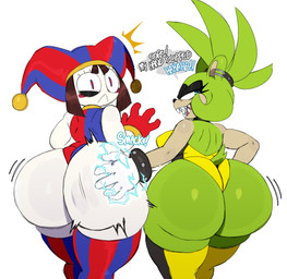 5_fingers accessory anthro big_butt black_clothing black_legwear black_thigh_highs blush blush_stickers bracelet breasts brown_hair butt butt_slap clothing dialogue duo ear_piercing ear_ring electricity emanata eyelashes female female/female fingers flash_emanata fool's_hat fur gloves green_body green_fur hair hair_accessory hair_tie handwear hat headgear headwear huge_butt jester jewelry legwear leotard multicolored_clothing multicolored_legwear multicolored_thigh_highs pattern_clothing pattern_legwear pattern_thigh_highs piercing powers red_clothing red_gloves red_handwear ring_piercing sharp_teeth slap small_tail speech_bubble striped_clothing striped_legwear striped_thigh_highs stripes studded_bracelet studded_hair_tie studded_jewelry studs tail teeth text thick_thighs thigh_highs two_tone_clothing two_tone_legwear two_tone_thigh_highs white_body white_clothing white_gloves white_handwear white_skin wide_hips yellow_clothing yellow_legwear yellow_thigh_highs sssonic2 glitch_productions idw_publishing sega sonic_the_hedgehog_(comics) sonic_the_hedgehog_(idw) sonic_the_hedgehog_(series) the_amazing_digital_circus pomni_(tadc) surge_the_tenrec afrosoricid humanoid mammal tenrec 2026 crossover english_text hi_res