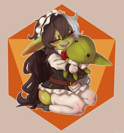 belt black_hair blush bow_tie breasts butt clothing eyelashes eyes_closed female glistening_eyelids gloves green_body green_skin hair handwear hug hugging_object hugging_plushie humanoid_pointy_ears kneeling legwear lipstick maid_headdress maid_uniform makeup markings mole_(marking) multicolored_hair plushie pointy_ears seiza sharp_teeth sitting solo stockings teeth thigh_highs two_tone_hair uniform white_clothing white_gloves white_hair white_handwear white_legwear white_stockings chichichoart goblin humanoid absurd_res hi_res
