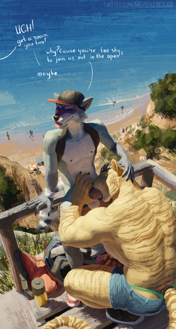anthro balls beach being_watched claws clothed clothing day detailed_background dialogue exhibitionism finger_claws footwear furgonomics genitals hat headgear headwear looking_at_another male male/male masturbation oral oral_penetration outside outside_sex penetration penile penile_masturbation public public_nudity public_sex sand sea sex sex_on_the_beach shoes text tongue tongue_out topless topless_anthro topless_male voyeur water mickey_the_retriever felid mammal pantherine procyonid raccoon tiger absurd_res alternate_version_at_source digital_drawing_(artwork) digital_media_(artwork) english_text hi_res