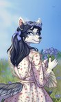 accessory anthro black_hair blue_eyes blue_flower blue_sky bow_ribbon clothing dress female floral_dress flower flower_crown flower_field hair hair_accessory hair_bow hair_ribbon holding_flower holding_object long_hair looking_at_viewer outside plant ribbons sky solo tail amber_wind canid canine fox mammal platinum_fox red_fox true_fox 2025 digital_drawing_(artwork) digital_media_(artwork) full-length_portrait hi_res portrait