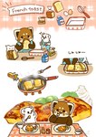 apron biped black_eyes black_nose brown_body chibi clothing cooking dot_eyes duo eating feral food french_toast kemono simple_eyes white_body shi_nominmin ailurid mammal mustelid musteline red_panda stoat true_musteline weasel 2023 absurd_res hi_res