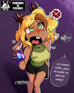 anthro blonde_hair blush bottomwear breasts clothed clothing eyelashes female freckles green_eyes hair horn long_ears nails open_mouth perfume skirt teeth text tongue topwear la_tiapat may_(may_string) deer mammal 4:5 absurd_res hi_res spanish_text translated