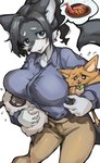 anthro big_breasts biped black_hair blue_clothing blue_shirt blue_topwear blush bodily_fluids bottomwear breast_on_head breasts brown_bottomwear brown_clothing brown_pants clothing collared_shirt female flying_sweatdrops food fur grey_body grey_eyes grey_fur group hair holding_another kemono kerchief long_sleeves looking_at_viewer male neckerchief neckwear open_mouth orange_body orange_fur pants ponytail shirt simple_background smile speech_bubble sweat sweatdrop tail topwear trio white_background white_body white_fur iepelppa tsukareta-inu_no_anime hitsuji-kun_(tsukareta-inu_no_anime) reiko_oogami tsukareta-inu_(tsukareta-inu_no_anime) bovid canid canine canis caprine domestic_dog mammal sheep wolf hi_res