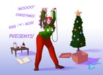 2017 beverage biped book breasts christmas clothed clothing dialogue digital_media_(artwork) drunk english_text eyes_closed female footwear fully_clothed hair holidays human human_only legwear mammal not_furry open_mouth plant red_hair simple_background smile socks solo standing substance_intoxication sweater text topwear tree watsup