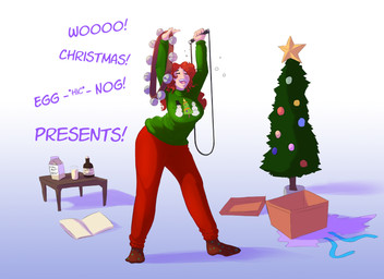beverage biped book breasts clothed clothing dialogue drunk eyes_closed female footwear fully_clothed hair holidays human_only legwear not_furry open_mouth plant red_hair simple_background smile socks solo standing substance_intoxication sweater text topwear tree watsup christmas human mammal 2017 digital_media_(artwork) english_text