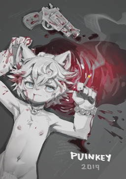 anthro blood bodily_fluids cigarette fur gun hair handgun lying male nipples on_back ranged_weapon revolver solo weapon white_body white_fur white_hair young young_anthro puinkey_(artist) puinkey_(character) domestic_cat felid feline felis mammal 2019 absurd_res hi_res signature