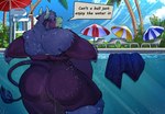 anthro belly big_butt butt clothing dialogue dozer(coach_frost) fur hair horn looking_at_viewer male male/male nude outside overweight overweight_anthro overweight_male pool public public_nudity solo swimwear tail text thick_thighs cobaltgrande bovid bovine cattle mammal digital_media_(artwork) english_text