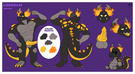 3_toes 4_fingers anthro balls belly big_muscles big_penis black_eyes black_head black_legs black_tail border chibi claws color_swatch feet fingers fire flaming_horn flaming_horns front_view genitals grey_arms grey_balls grey_belly grey_chest grey_horn horn knot knotted_penis lava_plated lava_plated_back lava_plated_body lava_plates looking_at_viewer macro macro_anthro macro_male male male_anthro mouth_closed muscular muscular_anthro muscular_male nude_anthro nude_macro nude_male open_mouth penis purple_background purple_text rear_view ribbed_penis sharp_teeth simple_background solo spiked_tail spikes spikes_(anatomy) tail teeth text toes tongue white_border yellow_claws yellow_eyes yellow_mouth yellow_penis yellow_tail yellow_tongue tienduki mythology vondrask_(ivarathefoox) dragon mythological_creature mythological_scalie scalie absurd_res character_name hi_res japanese_text species_name translated male_(lore)