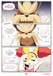 ?! absurd_res ace_the_stoutland_(special_services) anthro bow_tie braixen canid canine clothing color_coded color_coded_text comic crossbar_emanata dialogue digital_media_(artwork) duo ellie_the_braixen emanata english_text exclamation_point feral fur generation_5_pokemon generation_6_pokemon heart_after_signature heart_before_signature heart_in_signature heart_symbol hi_res inner_ear_fluff inner_monologue maid_headdress maid_uniform male mammal nikkibunn nintendo number open_mouth page_number pokemon pokemon_(species) pretending purple_text signature simple_background species_in_inner_monologue speech_bubble stoutland text text_with_heart thought_bubble tuft uniform