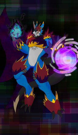 arm_markings armor armored_boots armored_vest blue_body cape claws clothing elemental_manipulation energy_ball fake_horns fire fire_manipulation floating gauntlets glitch_effect gloves handwear male markings mask multi_head multicolored_body muscular muscular_arms muscular_thighs sharp_teeth shoulder_markings shoulder_pads simple_background solo spiked_tail spikes spikes_(anatomy) tail teeth wearing_mask yellow_eyes drybosstar bandai_namco digimon ecorroxis fan_character vyle_(drybosstar) digimon_(species) digital_creature flamedramon scalie absurd_res colored digital_drawing_(artwork) digital_media_(artwork) hi_res