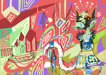 abstract_art abstract_background accessory anthro clothing dress female fur furgonomics multicolored_body multicolored_clothing multicolored_dress multicolored_fur multicolored_tail ribbons solo standing surrealism tail tail_accessory tail_ribbon town naircat domestic_cat felid feline felis mammal 2017 colorful_theme digital_drawing_(artwork) digital_media_(artwork) microsoft_paint_(artwork)