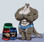 abs anthro biceps big_muscles bottomwear clothing container fur jar male multicolored_body multicolored_fur muscular muscular_anthro muscular_male navel shorts solo text two_tone_body two_tone_fur vein veiny_muscles weights whiskers xxsparcoxx mammal mustelid otter 2017 digital_media_(artwork) english_text hi_res