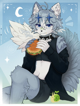 accessory ambiguous_gender anthro band-aid bandage bell bell_collar black_clothing blue_eyes bottomwear burger cheek_tuft clothed clothing collar crop_top eating facial_tuft fluffy fluffy_ears fluffy_tail food fur grey_body grey_fur grey_hair hair holding_food holding_object inner_ear_fluff looking_at_viewer shirt shorts sitting smile smiling_at_viewer solo tail topwear tuft white_body white_fur shtein domestic_cat felid feline felis gastropod mammal mollusk snail absurd_res hi_res