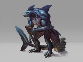 anthro book gradient male nude plantigrade solo standing tail thick_tail maneframe aquatic fish shark 2016 4:3
