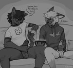 anthro balls biped bisexual blush bottomless bottomless_male bros_being_bros casual_masturbation clothed clothing dialogue duo electronics erection exclamation_point female fur genitals group_masturbation heart_symbol holding_object holding_phone looking_at_porn male masturbation penile penile_masturbation penis phone pornography sitting speech_bubble tail teeth text wavy_mouth sgguzz felid feline mammal absurd_res english_text hi_res monochrome