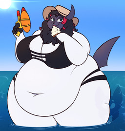 4_fingers anthro belly big_belly big_breasts bikini biped black_bikini black_clothing black_hair black_nose black_swimwear blue_eyes blue_sky breasts cleavage clothed clothing day dessert eating eating_ice_cream female female_anthro fingerless_(marking) fingers food front_view fur hair hat headgear headwear highlights_(coloring) holding_food holding_ice_cream holding_ice_cream_cone holding_object holding_ranged_weapon holding_toy holding_toy_gun holding_water_gun holding_weapon horn huge_belly huge_thighs ice_cream ice_cream_cone obese obese_anthro obese_female overweight overweight_anthro overweight_female partially_submerged pink_tongue pose purple_face purple_horn purple_tail ranged_weapon red_highlights sky solo standing standing_in_water summer sun sun_hat swimwear tail tan_hat tan_headwear thick_thighs tongue toy toy_gun two-piece_swimsuit water water_gun weapon white_body white_fur strawberrymilkdog nintendo pokemon zoya_ibiza absol generation_3_pokemon mammal pokemon_(species) hi_res pinup