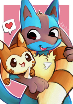 :3 ambiguous_gender anthro chest_spike chest_tuft cuddling daww duo fangs feral head_tuft heart_symbol looking_at_another open_:3 open_mouth open_smile smile spikes spikes_(anatomy) teeth tongue tuft kitsuakari nintendo pokemon fan_character furret generation_2_pokemon generation_4_pokemon lucario pokemon_(species) 2021 hi_res