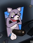 anthro balls big_penis electronics foreskin genitals huge_penis hyper hyper_genitalia hyper_penis male monitor penis solo toony nx-42 indigo_park rambley_raccoon digital_creature mammal procyonid raccoon absurd_res hi_res