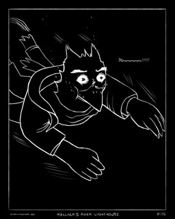 5_fingers anthro black_background border bottomwear clothing coat collared_jacket darkness fingers floating holding_breath jacket male pants simple_background solo swimming tail topwear underwater water sharkinthepark maccaw_(sharkinthepark) avian bird owl 2025 absurd_res comic greyscale hi_res monochrome