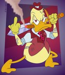 abstract_background annoyed anthro bandage bottomless cigar clothed clothing feathers gesture gloves hand_gesture handwear hat headgear headwear male melee_weapon middle_finger red_eyes solo suit sword sword_over_shoulder weapon yellow_body yellow_feathers gavanzude marvel howard_the_duck anatid anseriform avian bird duck alternate_version_at_paywall digital_drawing_(artwork) digital_media_(artwork) hi_res signature