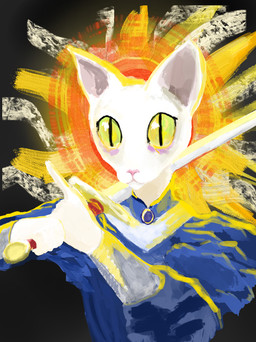 anthro armor backlighting blue_clothing clothed clothing eye_bags fancy_clothing female fur gem glistening glistening_eyes glowing holding_object holding_weapon light longsword looking_at_viewer magic magic_user melee_weapon pink_nose pupils rim_light slit_pupils solo standing sun sunlight sword symbol tired_eyes vambrace weapon weapon_on_shoulder white_body white_fur eloisanon eloisa domestic_cat felid feline felis mammal hi_res lighting
