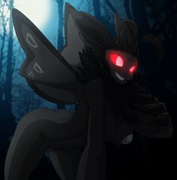 5_claws antennae_(anatomy) arched_back bent_over big_butt big_ears big_hands big_nipples black_body black_fur black_hair black_skin breasts butt claws crossgender curvy_figure dark_body dark_skin female finger_claws forest fur glowing glowing_eyes grey_nipples grin hair light medium_breasts moon moonlight mtf_crossgender neck_tuft night nipples nude plant red_eyes red_sclera smile solo tree tuft wings slugbox snowyowlkonnen mothman animal_humanoid arthropod arthropod_humanoid cryptid humanoid insect insect_humanoid lepidopteran lepidopteran_humanoid moth moth_humanoid hi_res