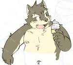 anthro belly clothed clothing dessert eyebrows facial_scar food fur grey_body grey_fur ice_cream ice_cream_cone male navel nipples scar solo thick_eyebrows topless topless_anthro inuryu lifewonders tokyo_afterschool_summoners moritaka_(tas) canid canine canis domestic_dog mammal hi_res