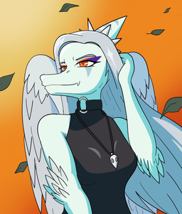 amber_eyes anthro black_clothing black_topwear blue_body bone bone_frill breasts clothed clothed_anthro clothed_female clothing elbow_feathers feathered_wings feathers female female_anthro frill_(anatomy) gradient_background grey_body grey_feathers grey_hair hair half-closed_eyes halter_top head_turned jewelry leaf long_hair looking_aside markings medium_breasts narrowed_eyes necklace non-mammal_breasts simple_background skull smile solo striped_markings stripes topwear wings rumydaigo goodbye_volcano_high ko_op_(game_developer) fang_(gvh) prehistoric_species pterosaur reptile scalie colored digital_media_(artwork) hi_res shaded