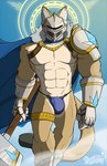 abs anthro armor biped bulge clothing detailed_bulge hammer headgear headgear_only helmet helmet_only looking_at_viewer male male_anthro muscular muscular_male paladin pecs simple_background solo thong tools underwear hokshi cougar felid feline mammal
